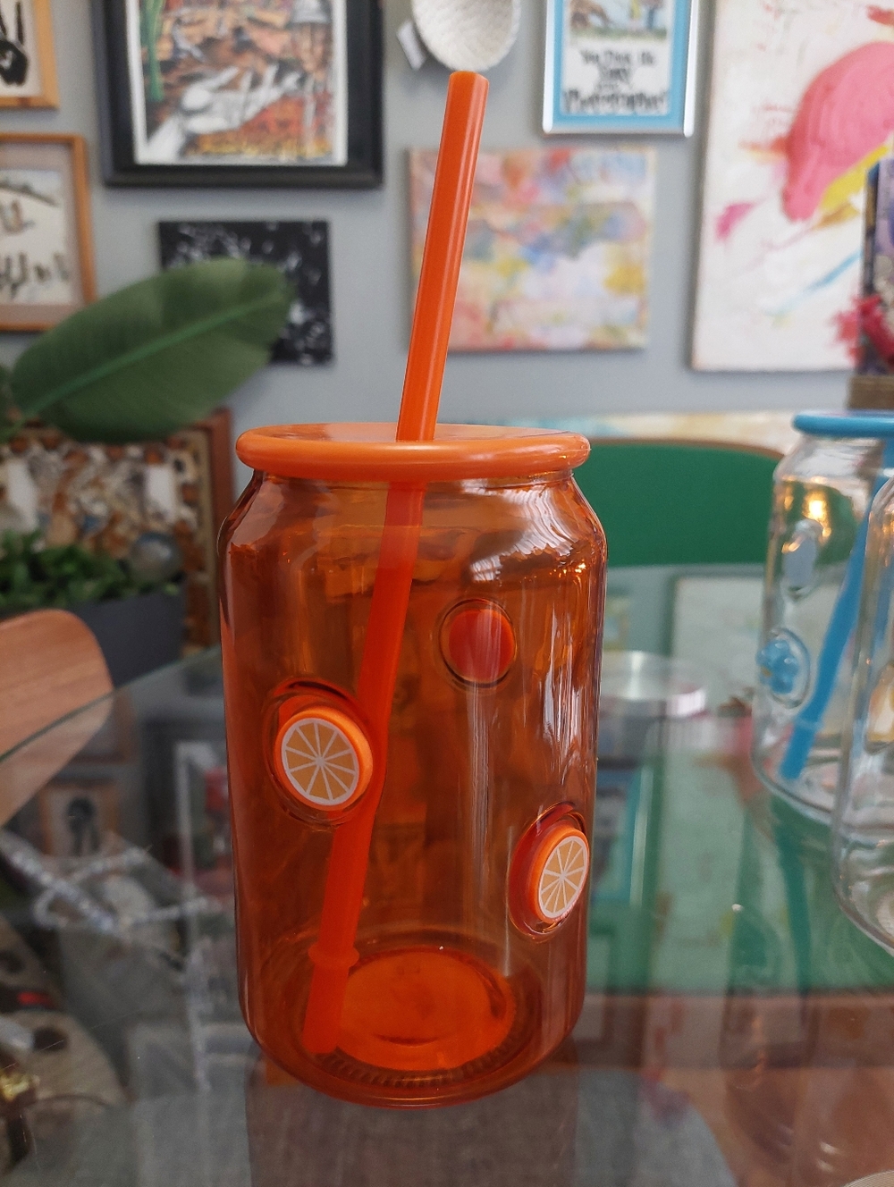 Glass Tumbler With Citrus ORANGES Charms W/ Lid And Straw VIRAL